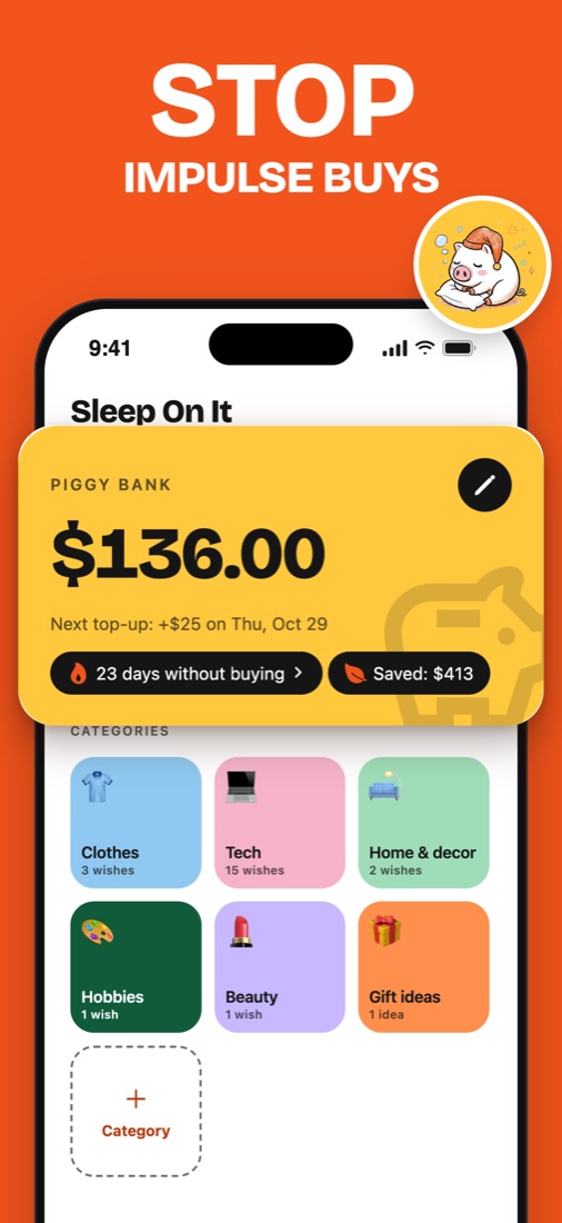 The Sleep On It home screen with the piggy bank and wish categories