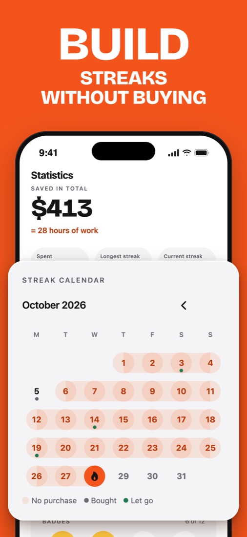 Streak calendar: days without buying